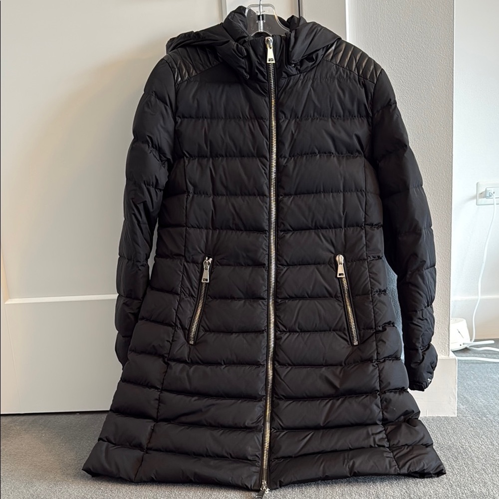 Moncler Orophin Black Long Puffer Hooded Jacket with Leather Trim